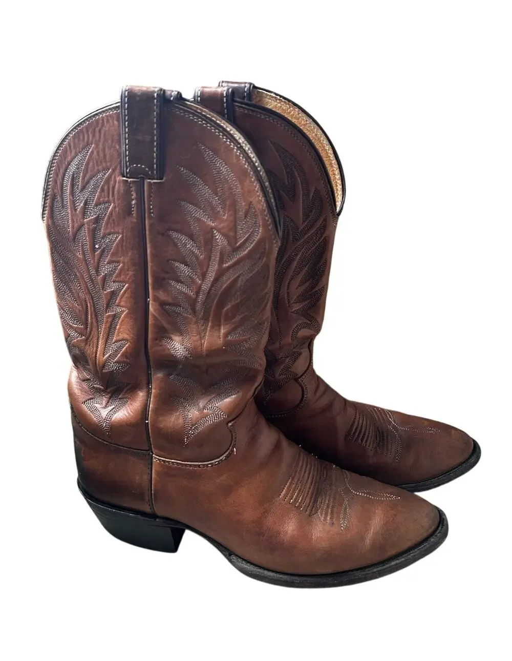 Vintage Brown Leather Western Cowboy Boots Stitch Snip Toe Men's Size 10